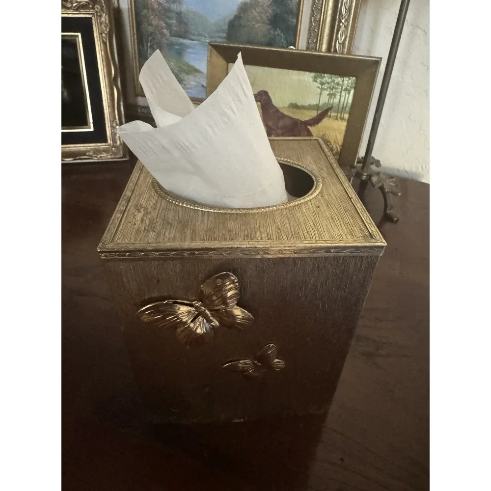 Vintage Hollywood Regency Gold Butterfly Tissue Box‎ Cover MCM Metal Square 3D